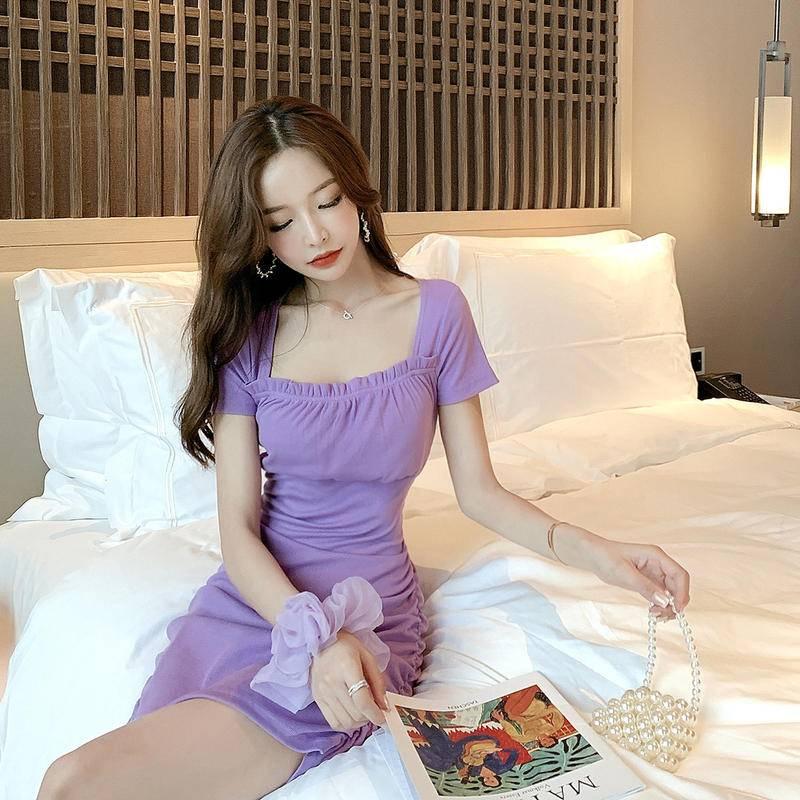 W.A.N.Y.I  方領抓皺修身紫色連衣裙 洋裝-細節圖3