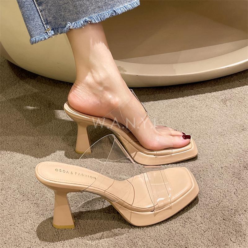 W.A.N.Y.I 一字帶方頭粗跟透明跟鞋 高跟鞋-細節圖3