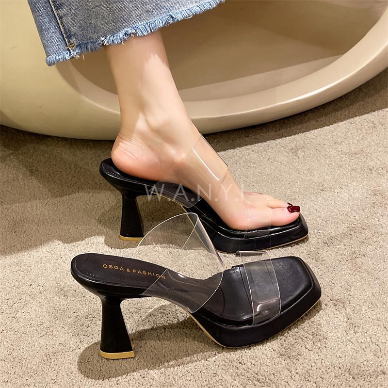 W.A.N.Y.I 一字帶方頭粗跟透明跟鞋 高跟鞋-細節圖4