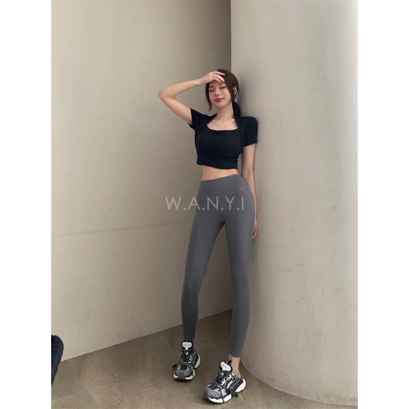 W.A.N.Y.I 短袖運動修身上衣+高腰緊身瑜伽褲休閒兩件套 套裝-細節圖6