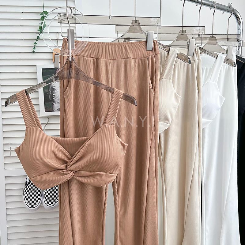 W.A.N.Y.I 交叉紐結短款吊帶背心+高腰顯瘦開叉喇叭褲闊腿褲休閒褲兩件套 套裝-細節圖2