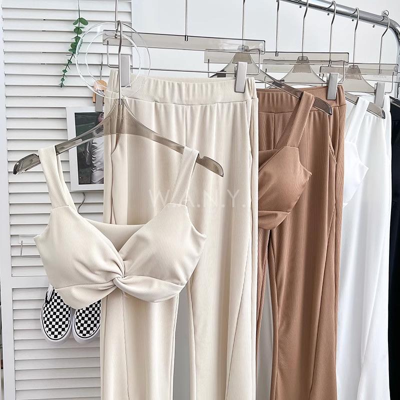 W.A.N.Y.I 交叉紐結短款吊帶背心+高腰顯瘦開叉喇叭褲闊腿褲休閒褲兩件套 套裝-細節圖3