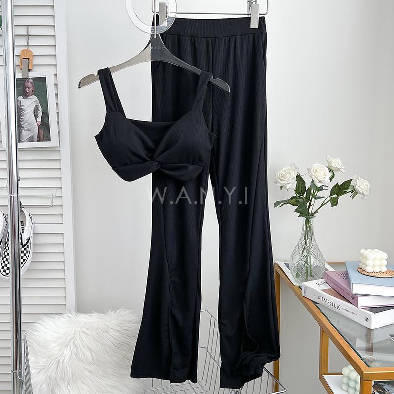 W.A.N.Y.I 交叉紐結短款吊帶背心+高腰顯瘦開叉喇叭褲闊腿褲休閒褲兩件套 套裝-細節圖4