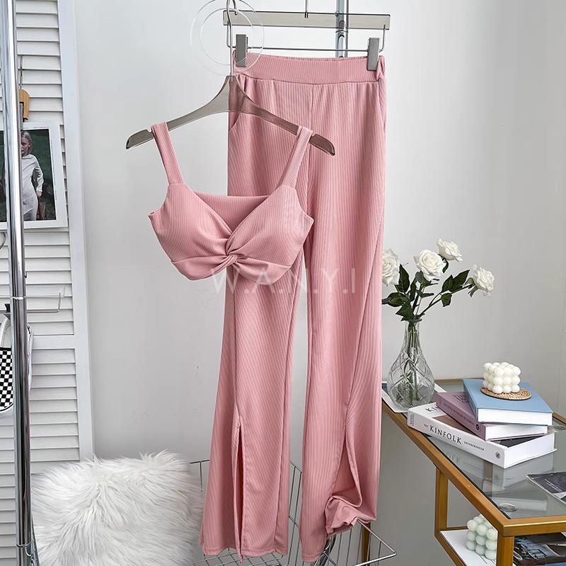 W.A.N.Y.I 交叉紐結短款吊帶背心+高腰顯瘦開叉喇叭褲闊腿褲休閒褲兩件套 套裝-細節圖5