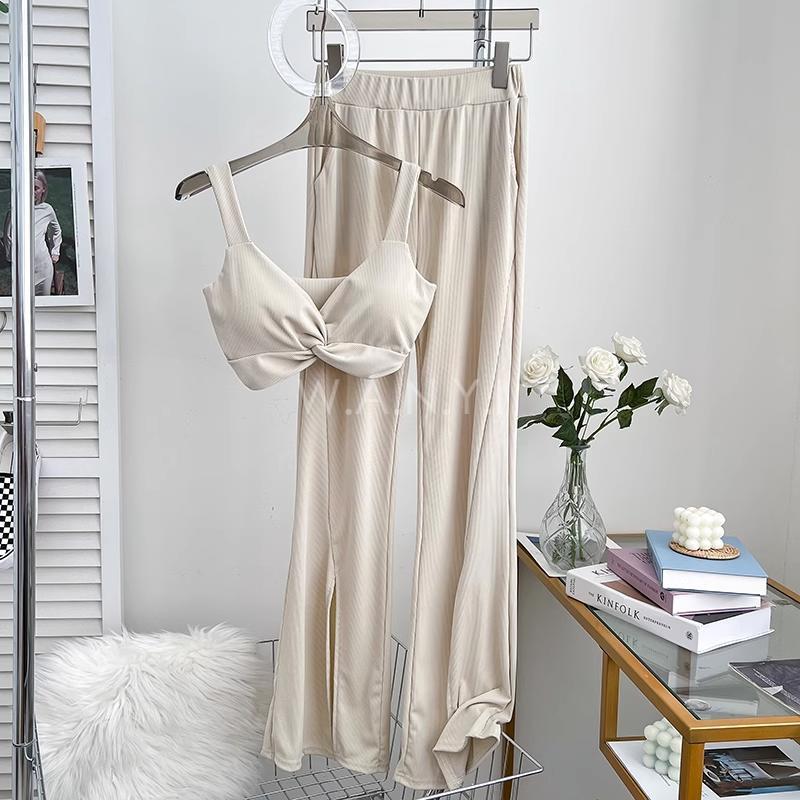 W.A.N.Y.I 交叉紐結短款吊帶背心+高腰顯瘦開叉喇叭褲闊腿褲休閒褲兩件套 套裝-細節圖6