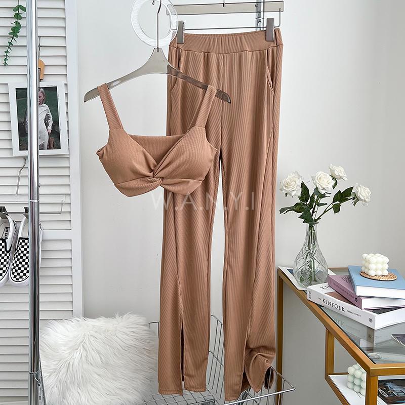 W.A.N.Y.I 交叉紐結短款吊帶背心+高腰顯瘦開叉喇叭褲闊腿褲休閒褲兩件套 套裝-細節圖7