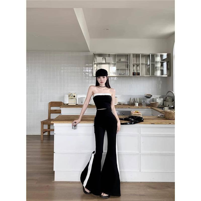 W.A.N.Y.I辣妹撞色抹胸背心上衣+喇叭闊腿褲兩件套套裝-細節圖7