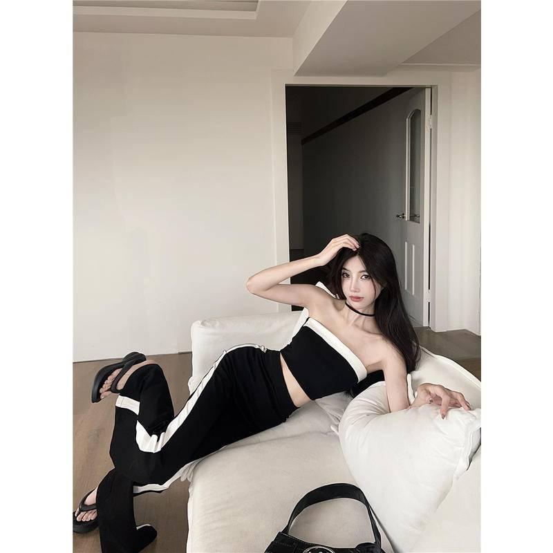 W.A.N.Y.I辣妹撞色抹胸背心上衣+喇叭闊腿褲兩件套套裝-細節圖8