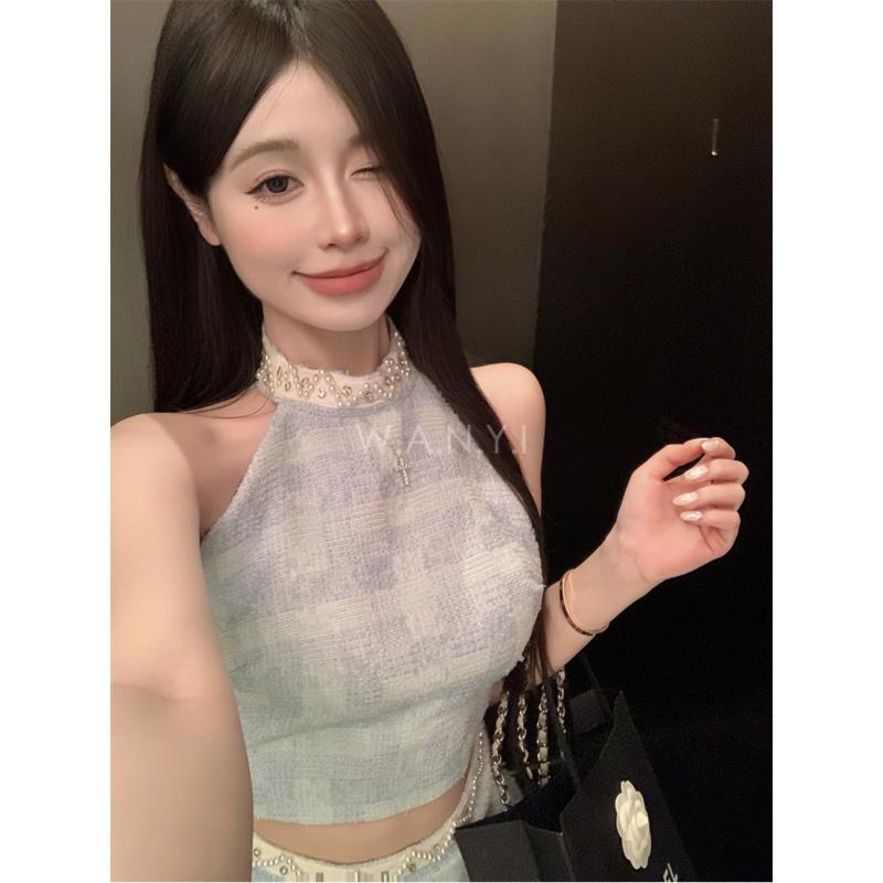 W.A.N.Y.I甜辣小香風短款掛脖針織背心+包臀裙 兩件套套裝-細節圖3