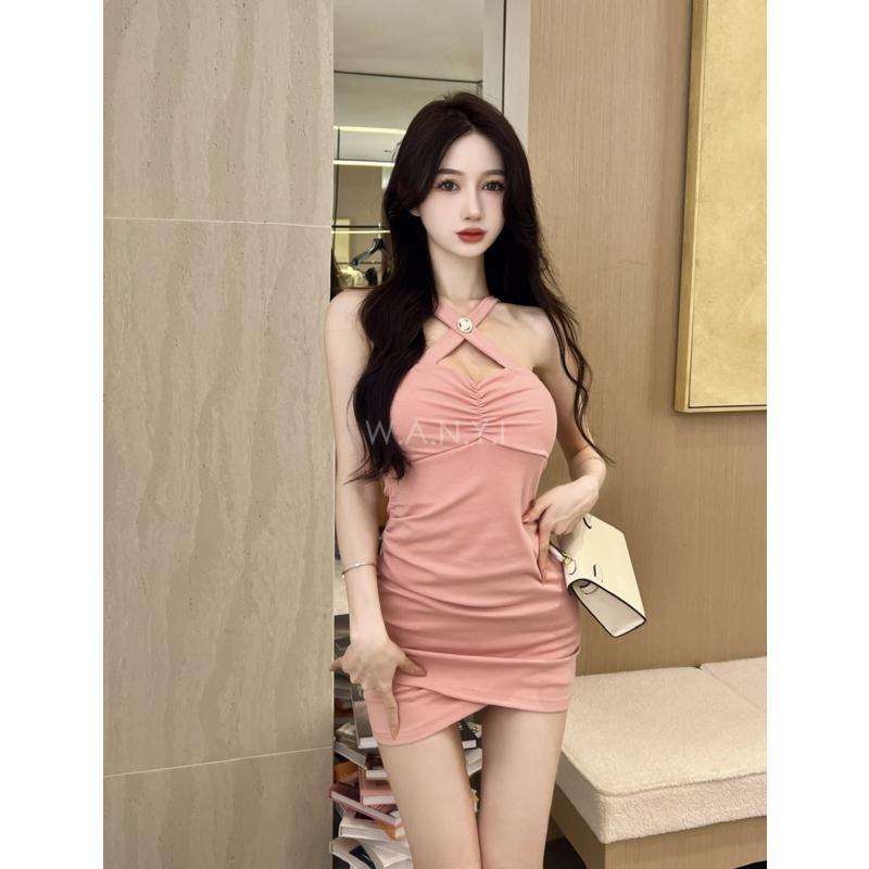 W.A.N.Y.I 性感交叉不規則抓皺吊帶連身裙 洋裝-細節圖4