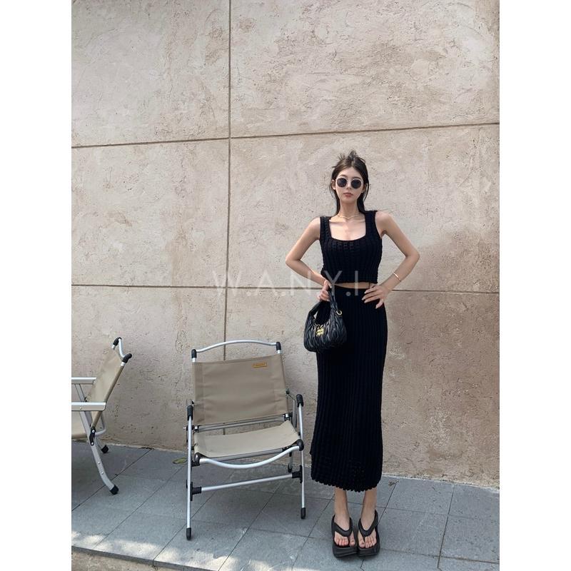 W.A.N.Y.I 針織吊帶背心上衣+包臀中長款半身裙兩件套套裝-細節圖7