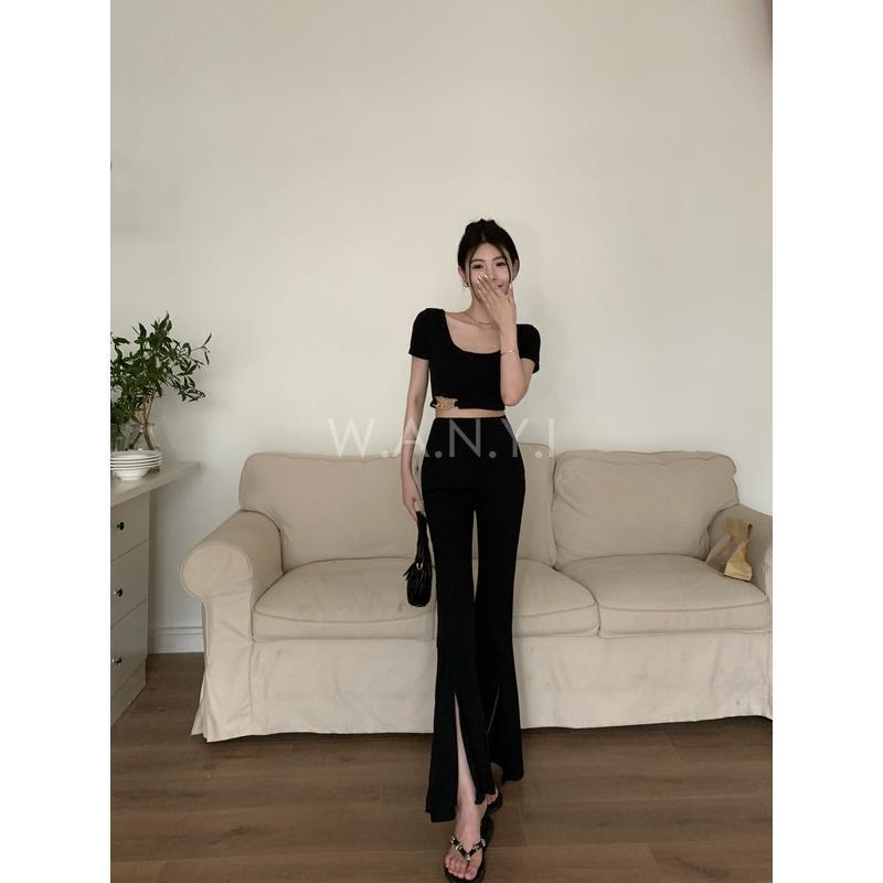 W.A.N.Y.I 鏤空方領短袖T恤+休閒高腰開叉闊腿褲套裝-細節圖5