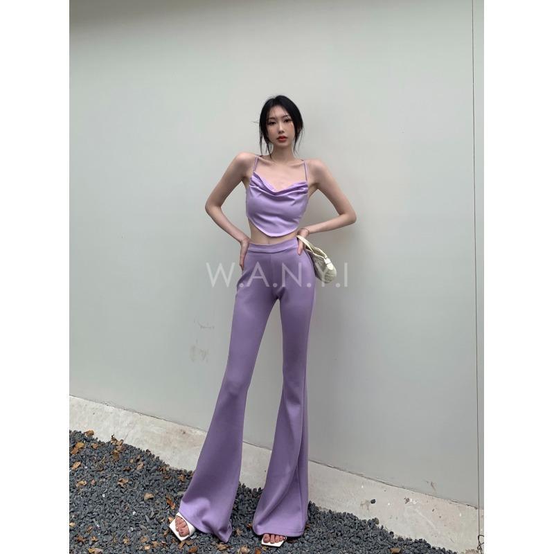 W.A.N.Y.I 性感辣妹綁帶吊帶背心上衣+高腰休閒直筒微喇叭褲套裝-細節圖5