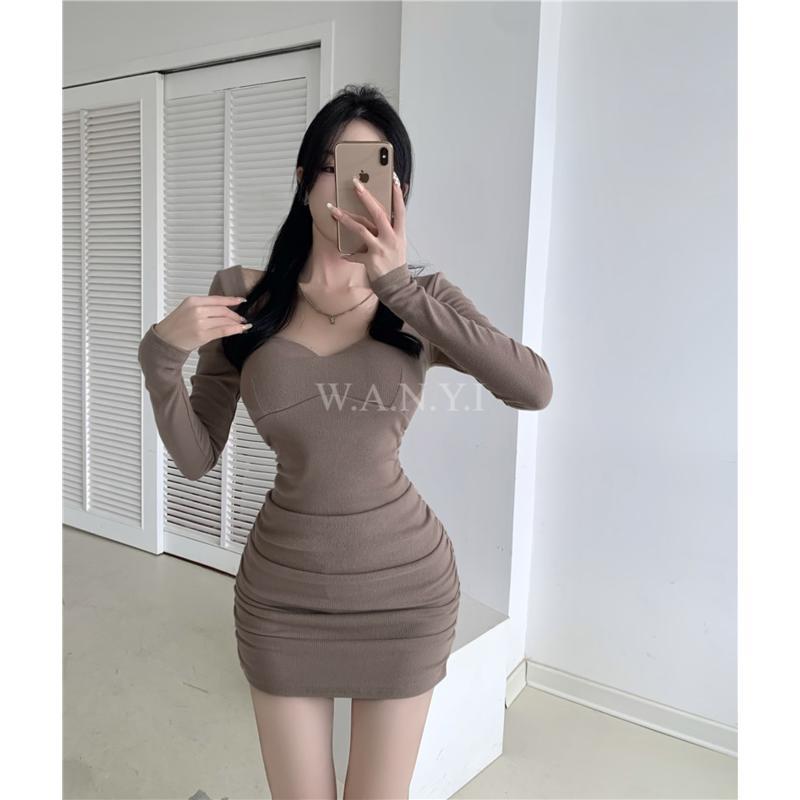 W.A.N.Y.I秋季V領抓皺修身長袖胸墊包臀連身裙洋裝-細節圖2