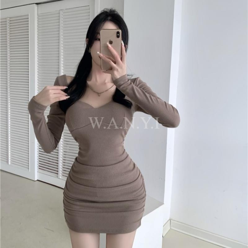 W.A.N.Y.I秋季V領抓皺修身長袖胸墊包臀連身裙洋裝-細節圖4