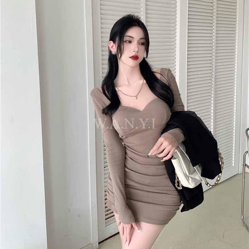 W.A.N.Y.I秋季V領抓皺修身長袖胸墊包臀連身裙洋裝-細節圖5