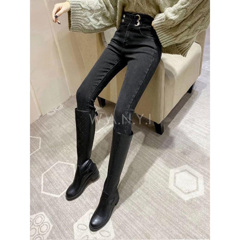 W.A.N.Y.I 高腰雙扣牛仔褲女修身顯瘦小脚褲彈力鉛筆褲-細節圖2