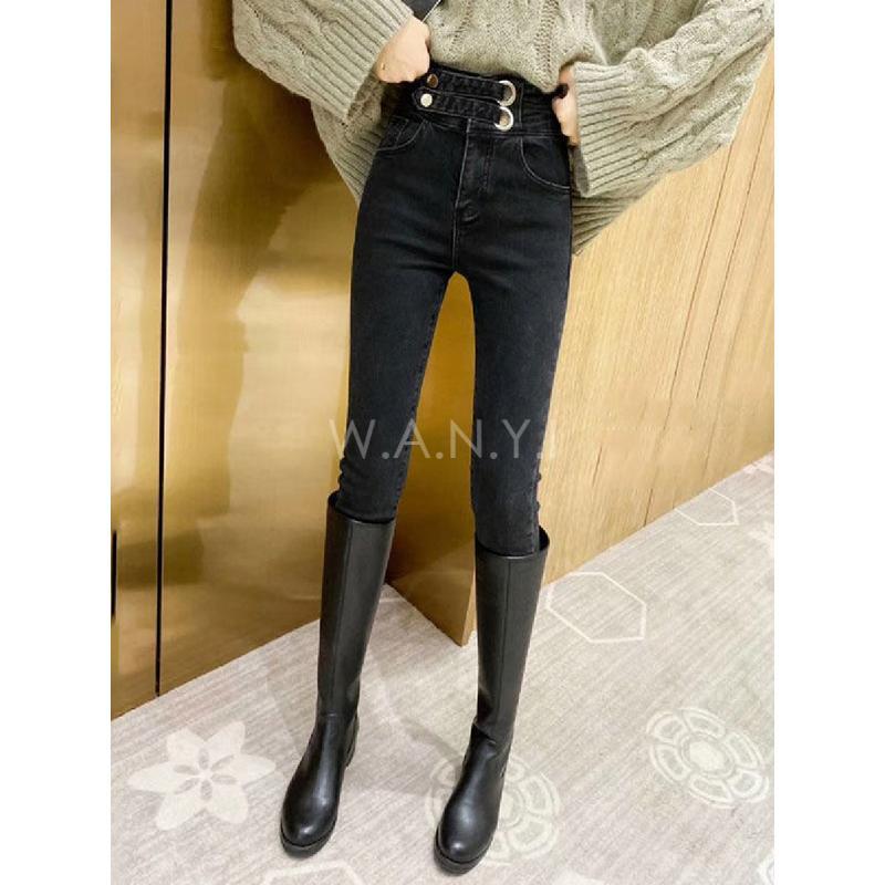 W.A.N.Y.I 高腰雙扣牛仔褲女修身顯瘦小脚褲彈力鉛筆褲-細節圖4