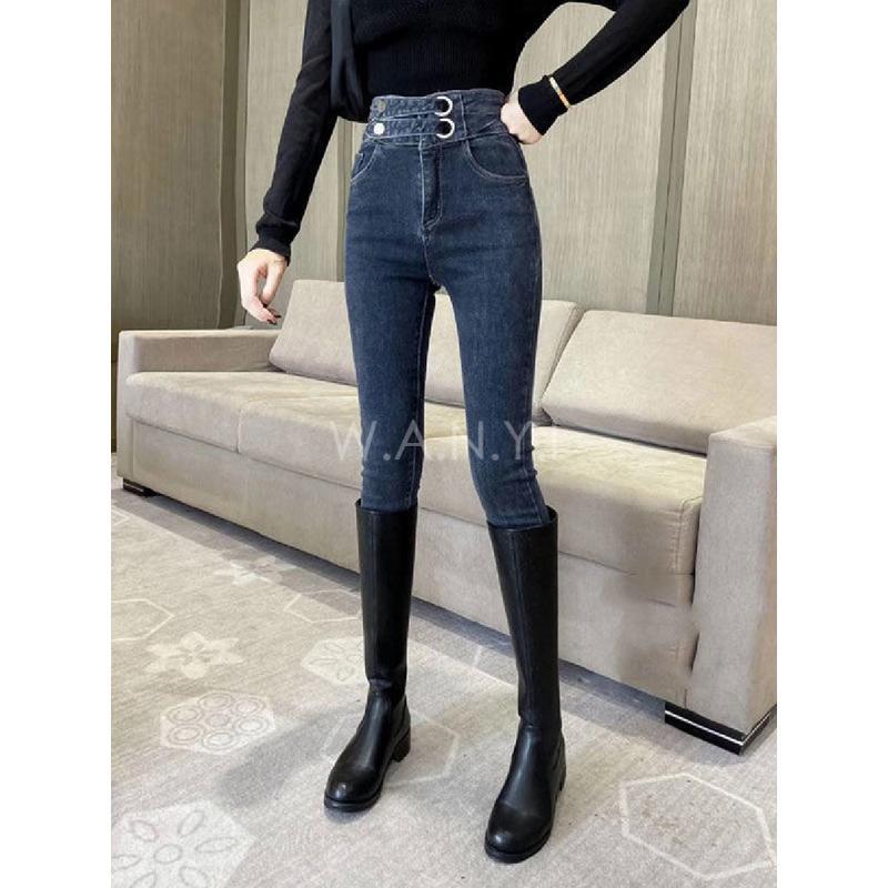 W.A.N.Y.I 高腰雙扣牛仔褲女修身顯瘦小脚褲彈力鉛筆褲-細節圖5