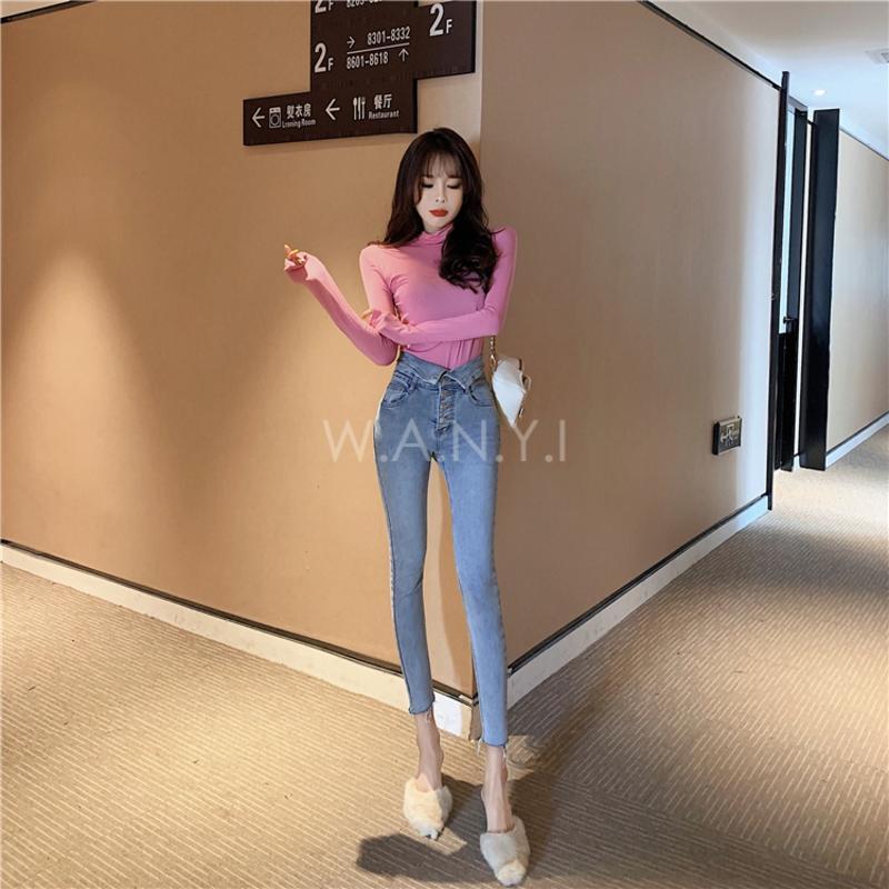 W.A.N.Y.I 時尚兩穿高腰多排扣牛仔修身百搭鉛筆褲女-細節圖2