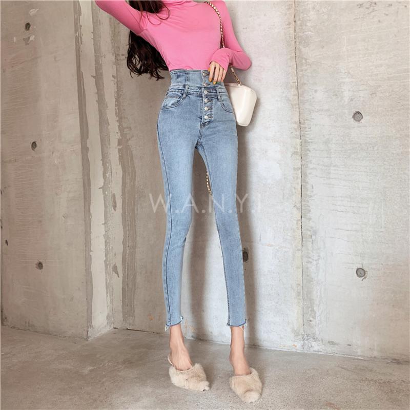 W.A.N.Y.I 時尚兩穿高腰多排扣牛仔修身百搭鉛筆褲女-細節圖4