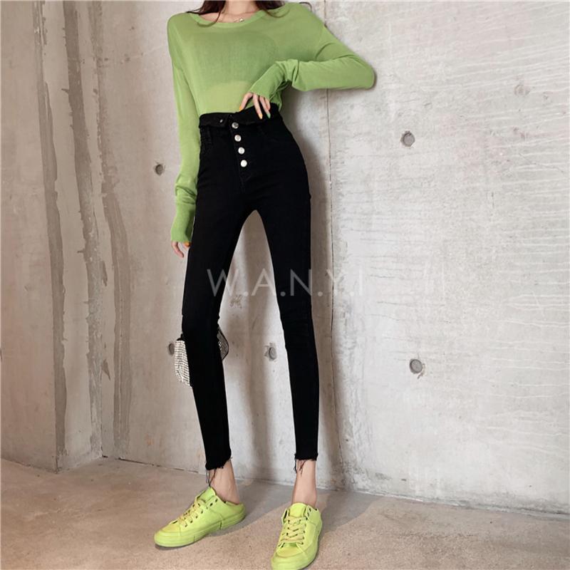 W.A.N.Y.I 時尚兩穿高腰多排扣牛仔修身百搭鉛筆褲女-細節圖5