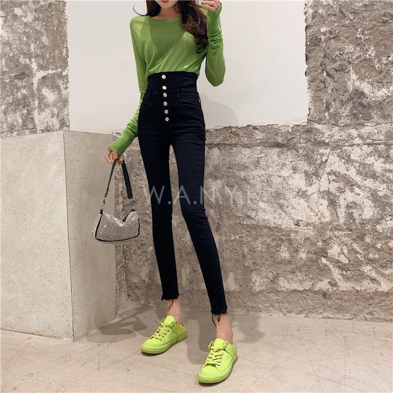 W.A.N.Y.I 時尚兩穿高腰多排扣牛仔修身百搭鉛筆褲女-細節圖6