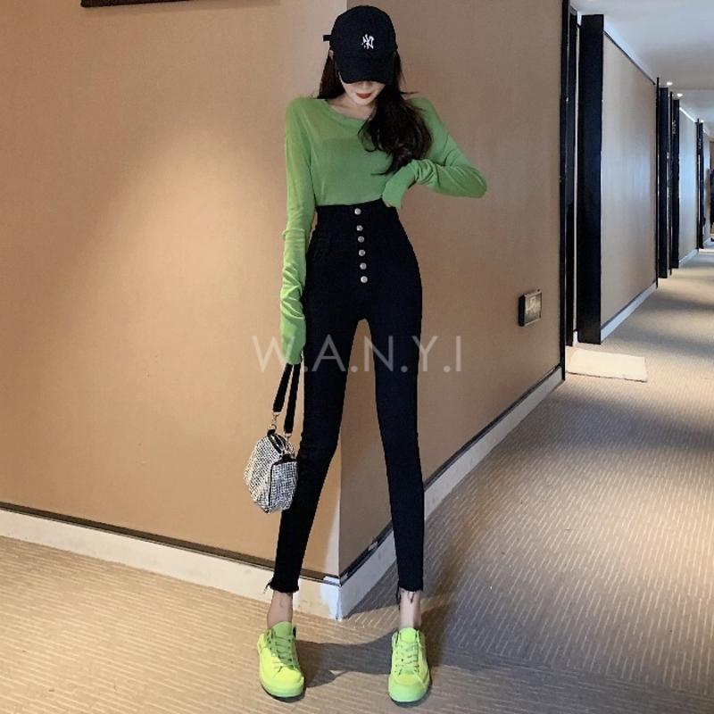 W.A.N.Y.I 時尚兩穿高腰多排扣牛仔修身百搭鉛筆褲女-細節圖8