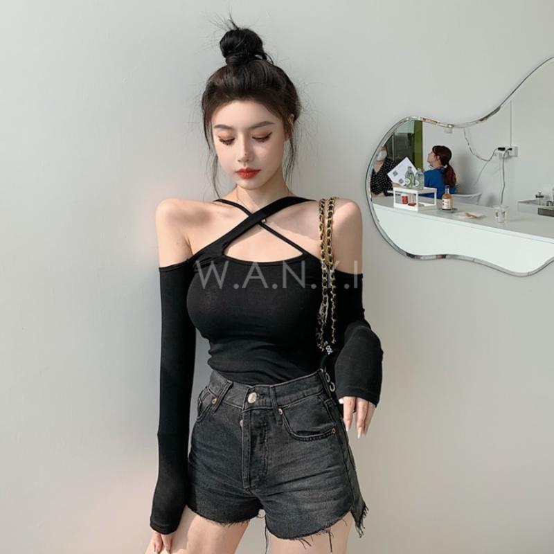 W.A.N.Y.I 性感不規則露肩兩穿吊帶T恤上衣-細節圖5