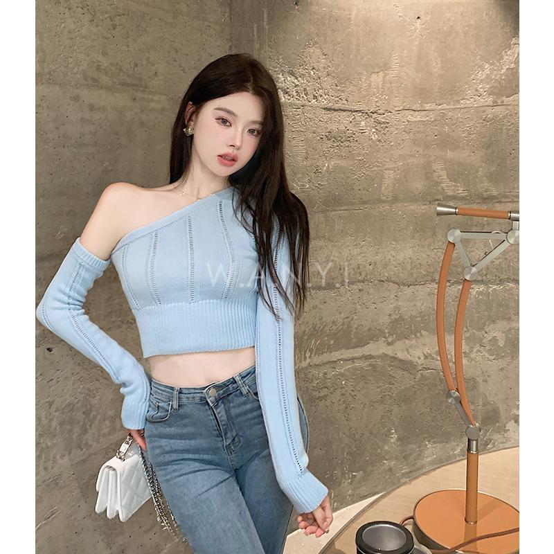 W.A.N.Y.I 寶寶藍斜露肩毛衣百搭上衣-細節圖4