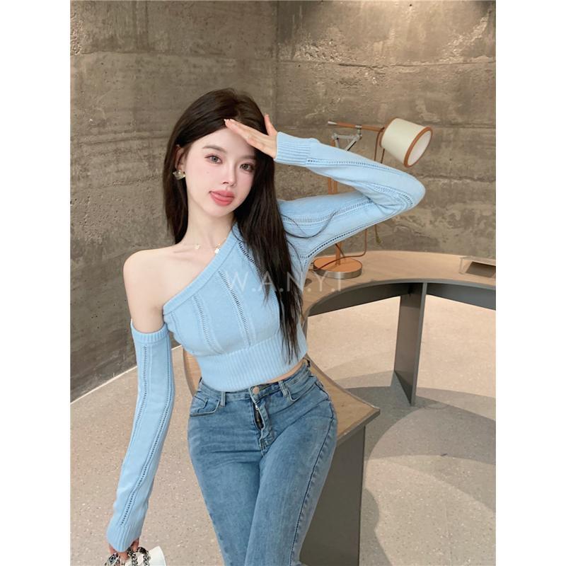 W.A.N.Y.I 寶寶藍斜露肩毛衣百搭上衣-細節圖5