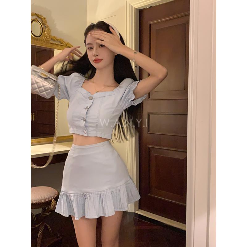 W.A.N.Y.I  甜辣風泡泡袖短款上衣+高腰半身裙兩件套套裝-細節圖2