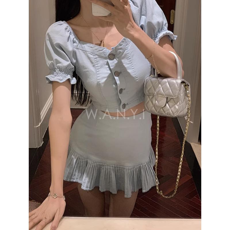 W.A.N.Y.I  甜辣風泡泡袖短款上衣+高腰半身裙兩件套套裝-細節圖3