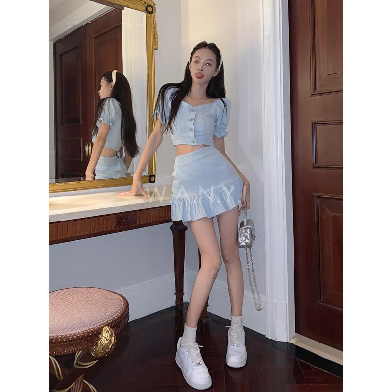 W.A.N.Y.I  甜辣風泡泡袖短款上衣+高腰半身裙兩件套套裝-細節圖4