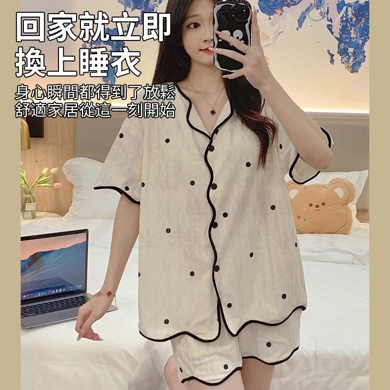 🎉新北出貨🎉睡衣女 帶胸墊甜美女士開衫薄款套裝 夏季短袖短褲睡衣 夏天家居服 睡衣女春秋款 睡衣-細節圖3