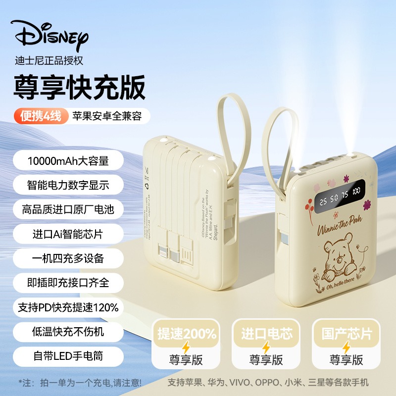 🎉新北出貨🎉Disney 迪士尼 行動電源 自帶四線 快充 10000毫安 迷你行動電源 口袋行動電源 便攜式-規格圖9