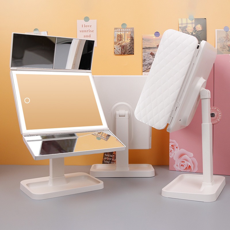 【方角皮紋-可伸縮款】-無極調光三色立鏡