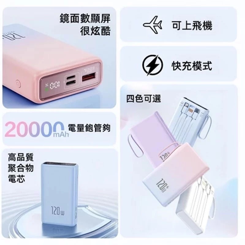 ✈️ 出國必備🔋20000mAh 行動電源 防爆電芯 漸變色自帶線行充 120W快充 行充 行動充 移動電源 充電寶-細節圖2