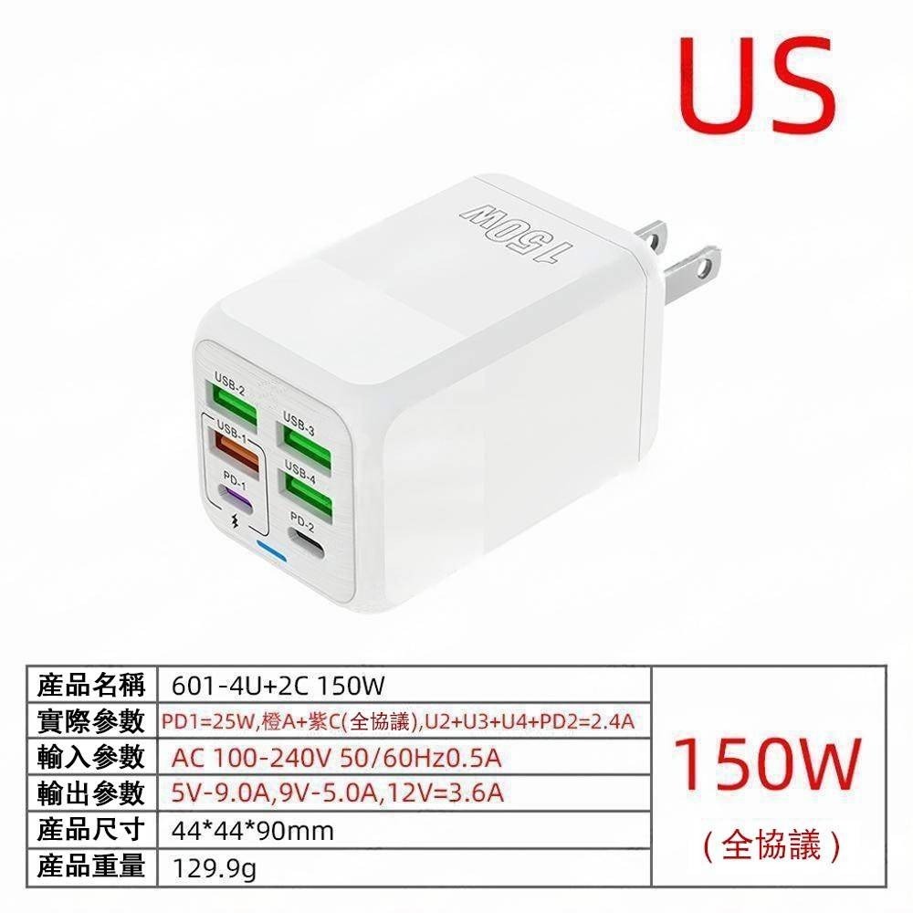 【新款6孔充電頭】多孔快速充電頭 PD+USB手機充電頭 多孔充電頭 充電頭快充 快速充電器 蘋果安卓 150W-細節圖4