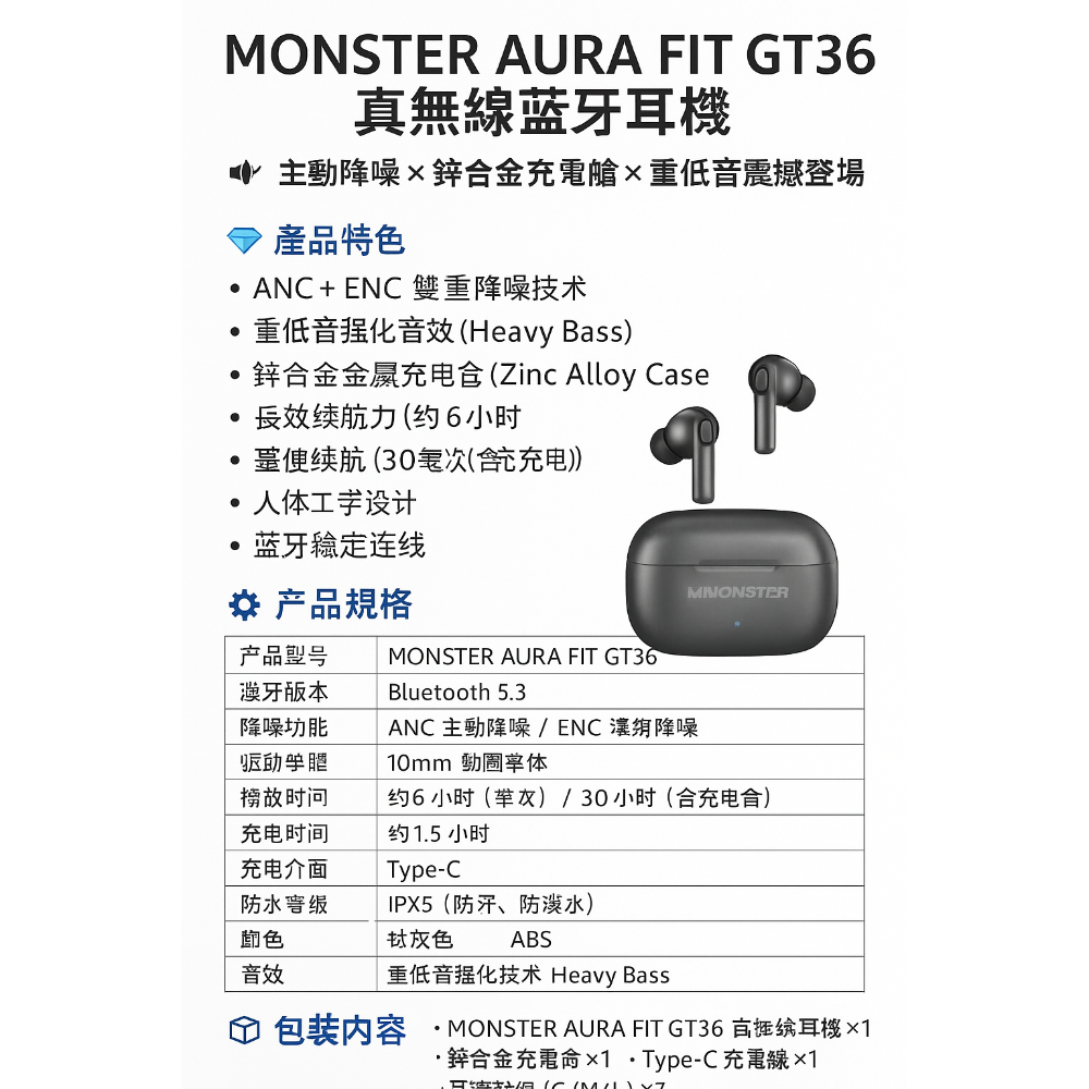 MONSTER AURA FIT GT36 真無線藍牙耳機-細節圖2