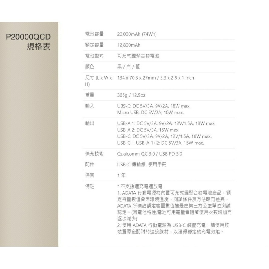 ADATA 威剛-P20000QCD數位顯示電量 20000mAh PD/QC極速快充行動電源 可上飛機-細節圖5