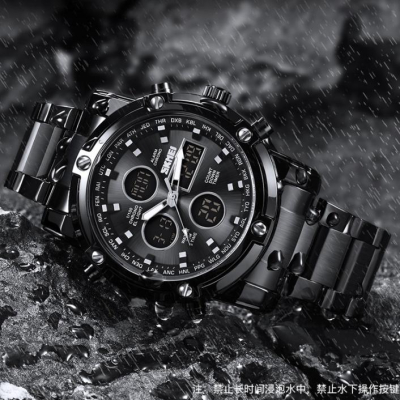 時刻美SKMEI1389時尚潮流 商務男士 多功能三時間大錶盤鋼帶腕錶 雙顯式男錶