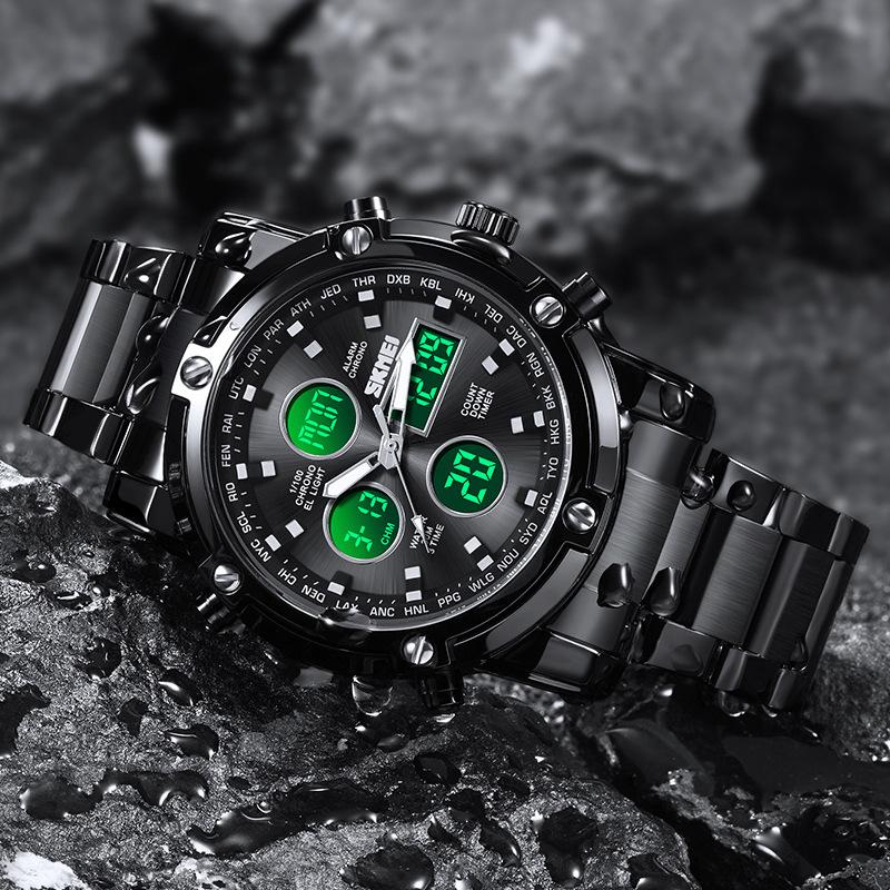 時刻美SKMEI1389時尚潮流 商務男士 多功能三時間大錶盤鋼帶腕錶 雙顯式男錶-細節圖2