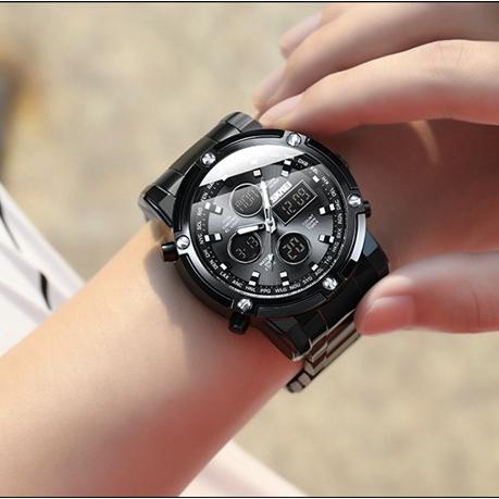 時刻美SKMEI1389時尚潮流 商務男士 多功能三時間大錶盤鋼帶腕錶 雙顯式男錶-細節圖8