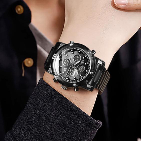 時刻美SKMEI1389時尚潮流 商務男士 多功能三時間大錶盤鋼帶腕錶 雙顯式男錶-細節圖9