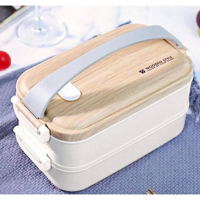 【喬治貓】雙層便當盒 日系簡約 木紋上蓋304不銹鋼雙層飯盒 CI-223H / 便當盒 野餐-細節圖2