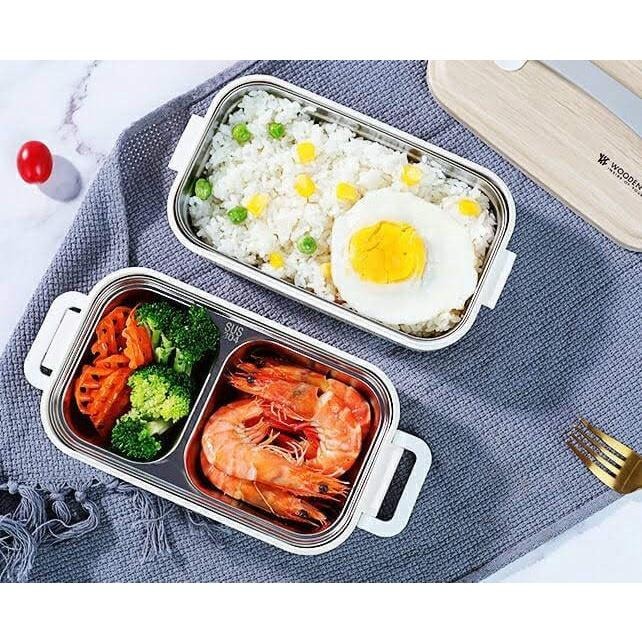 【喬治貓】雙層便當盒 日系簡約 木紋上蓋304不銹鋼雙層飯盒 CI-223H / 便當盒 野餐-細節圖3