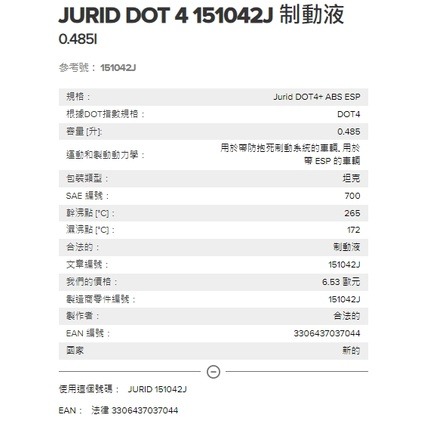 JURID DOT4 剎車油 485ml (GTUJ-01) 【業興汽車精品百貨】-細節圖5