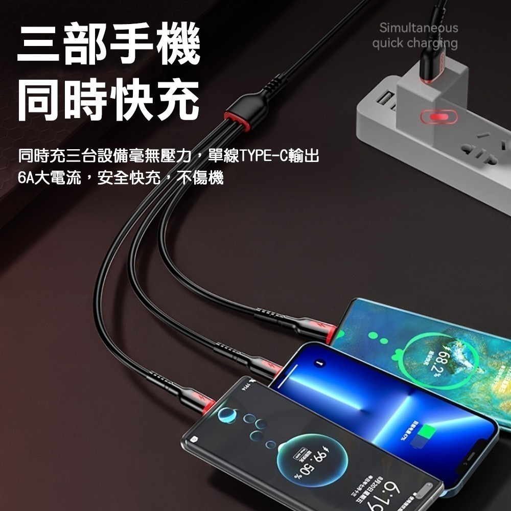 【免運】6A66W三合一液態軟膠快充數據線 Lightning  TYPE-C  Micro USB-細節圖2