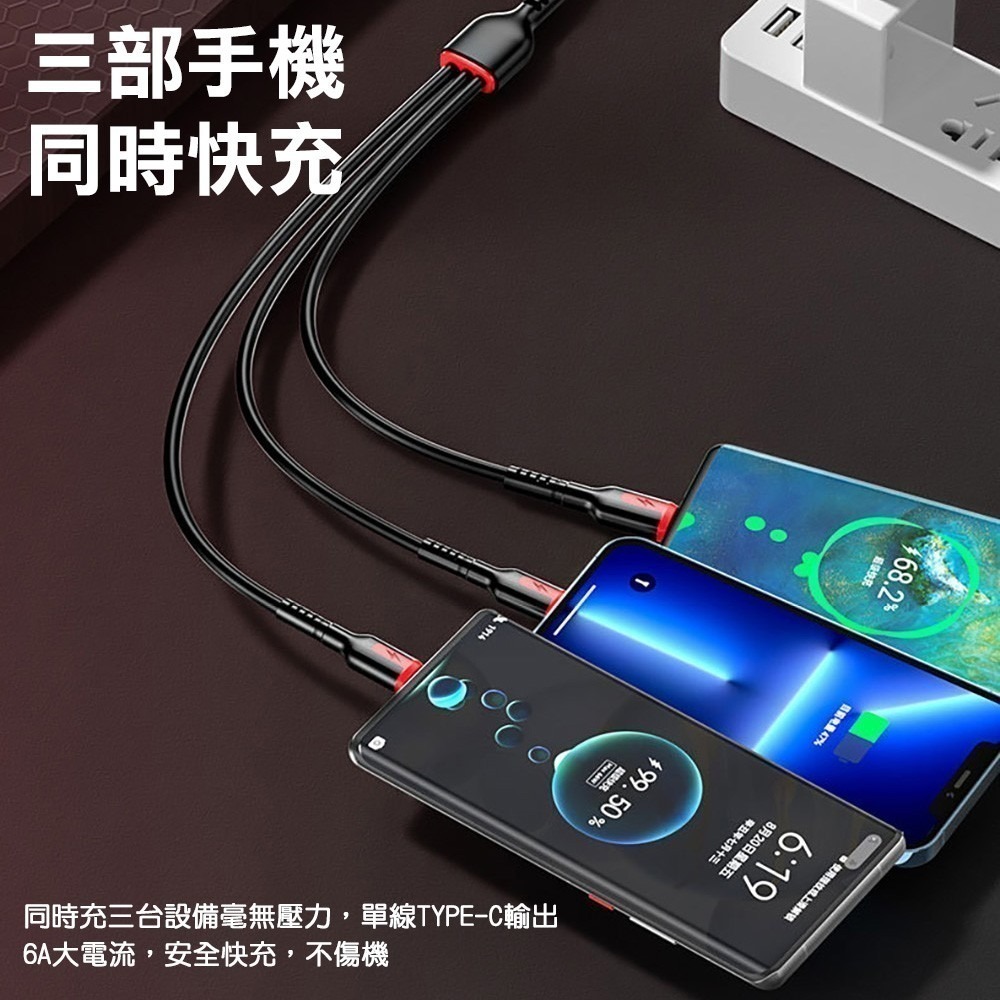 【免運】6A66W三合一液態軟膠快充數據線 Lightning  TYPE-C  Micro USB-細節圖7